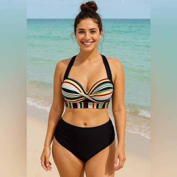 Allure Bikini Top Striped Adjustable Padded Swimwear Multicolor 16 18 Plus Size - Picture 10 of 16